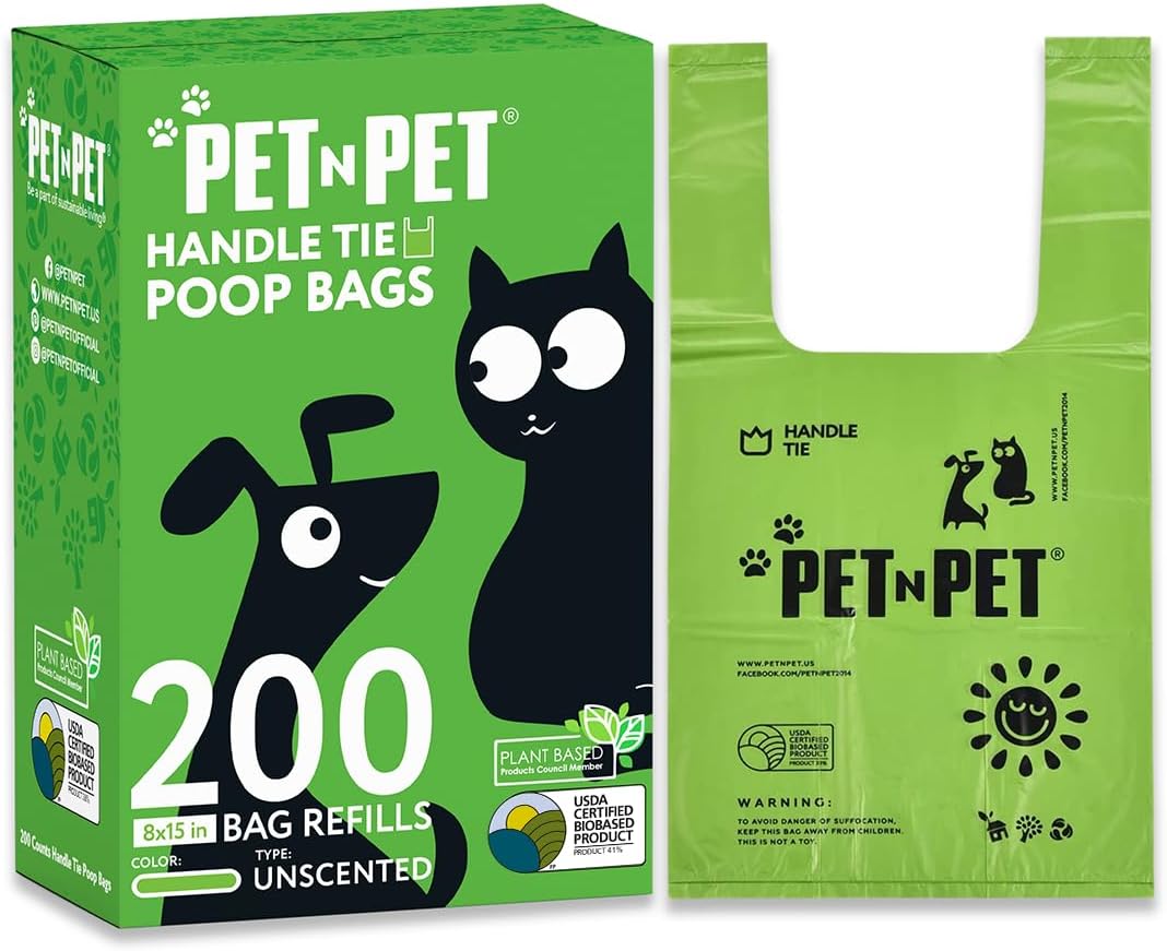 Bolsas para excrementos de perro sin olor con asas anudables, 200 unidades, bolsas para excrementos de perro 41% de origen vegetal y 59% de PE, bolsas extragruesas para excrementos de perro, bolsas para residuos de mascotas