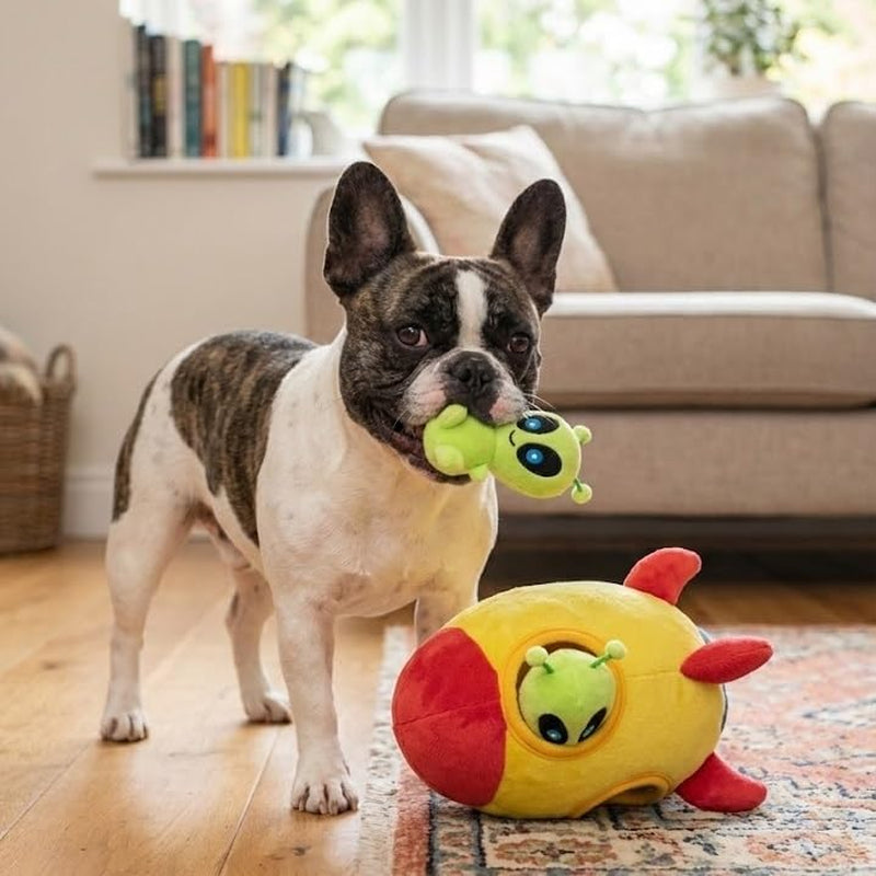 Interactive Plush Squeaky Hide and Seek Squirrel Puzzle Toy for Small Dogs (Spaceship and Aliens Design)