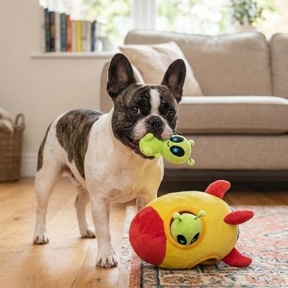 Interactive Plush Squeaky Hide and Seek Squirrel Puzzle Toy for Small Dogs (Spaceship and Aliens Design)