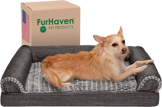 Orthopedic Dog Bed for Medium/Small Dogs W/ Removable Bolsters & Washable Cover, for Dogs up to 35 Lbs - Luxe Faux Fur & Performance Linen Sofa - Charcoal, Medium