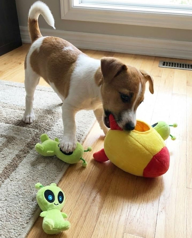 Interactive Plush Squeaky Hide and Seek Squirrel Puzzle Toy for Small Dogs (Spaceship and Aliens Design)