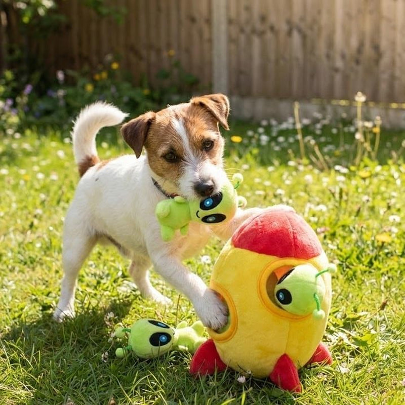 Interactive Plush Squeaky Hide and Seek Squirrel Puzzle Toy for Small Dogs (Spaceship and Aliens Design)