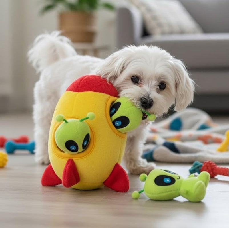 Interactive Plush Squeaky Hide and Seek Squirrel Puzzle Toy for Small Dogs (Spaceship and Aliens Design)
