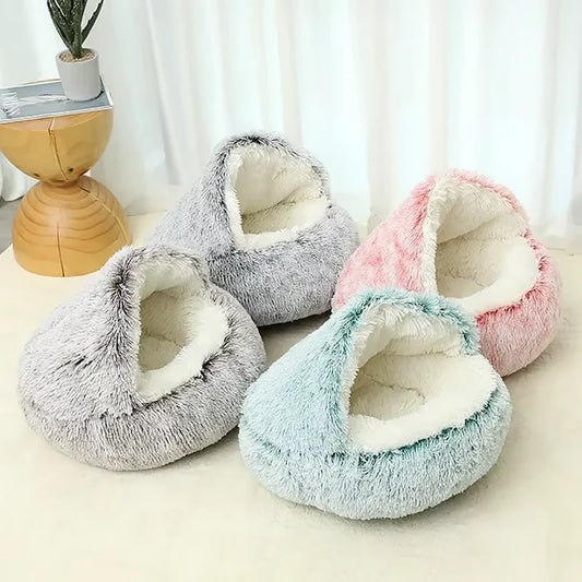 Cama redonda de invierno 2 en 1 para gatos, cama cálida para mascotas, casa de felpa larga, saco de dormir cálido, cojín de sofá nido para perros pequeños, gatos, gatitos