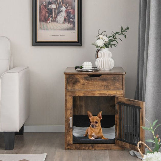 Mesa auxiliar decorativa para perros pequeños con carga inalámbrica y por cable, 50 x 64 x 63 cm, marrón rústico